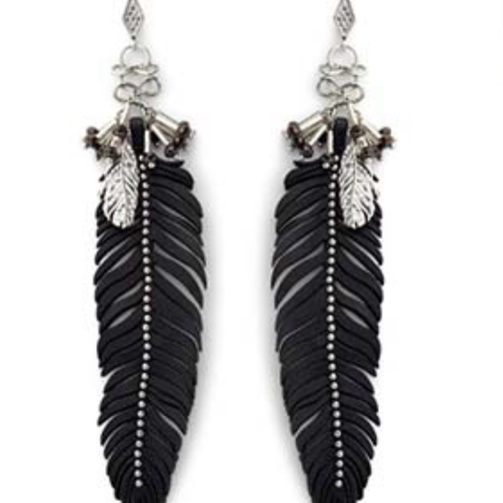 Rebecca Minkoff Leather Feather Earrings Black Feather and Crystals - Picture 2 of 6